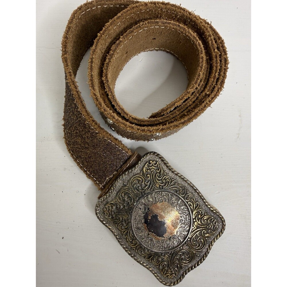 Vintage Western Leather Belt Ornate Engraved Buckle Brown Cowboy Belt